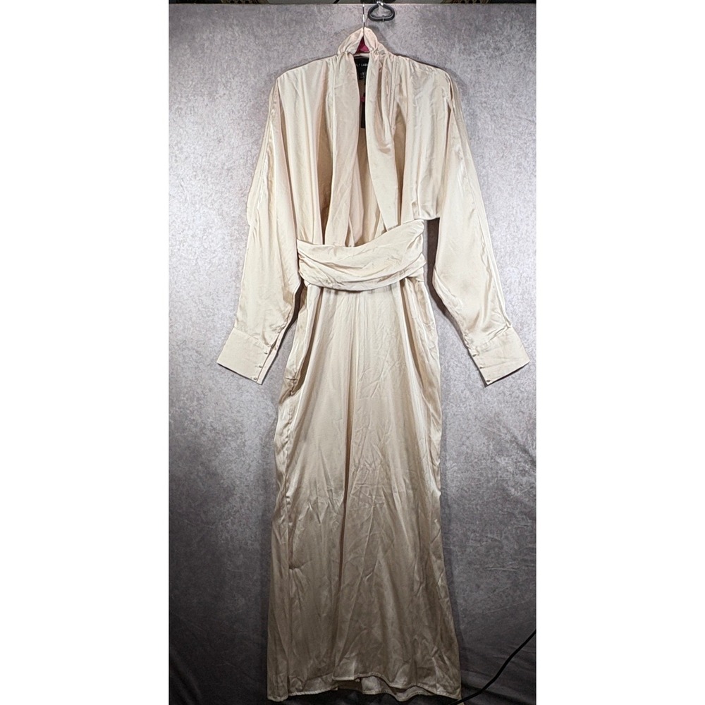 PLT Label Maxi Dress Womens 8 Oyster Satin Long Sleeve Plunge Cocktail Party NEW